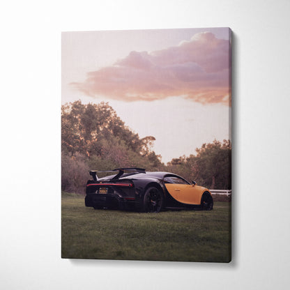 Bugatti Chiron sports car at sunset on canvas wall art with vertical museum-quality print.