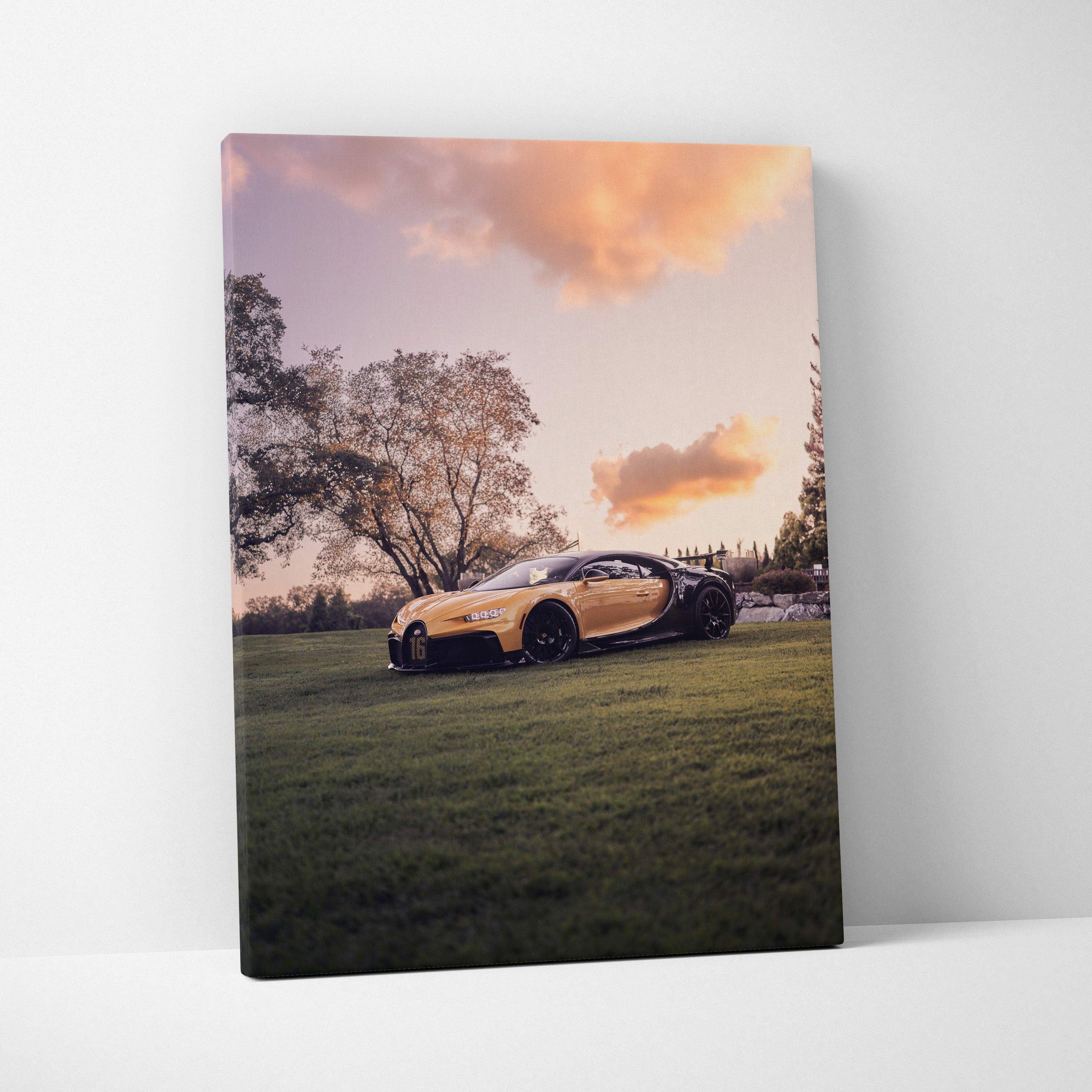 Bugatti Chiron sports car canvas wall art with sunset sky, vertical canvas art print.