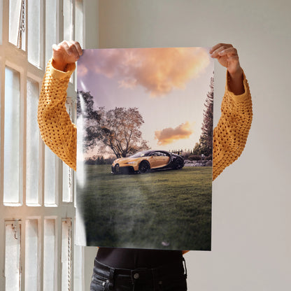 Bugatti Chiron Pur Sport hypercar poster with sunset sky and trees, stylish wall art.