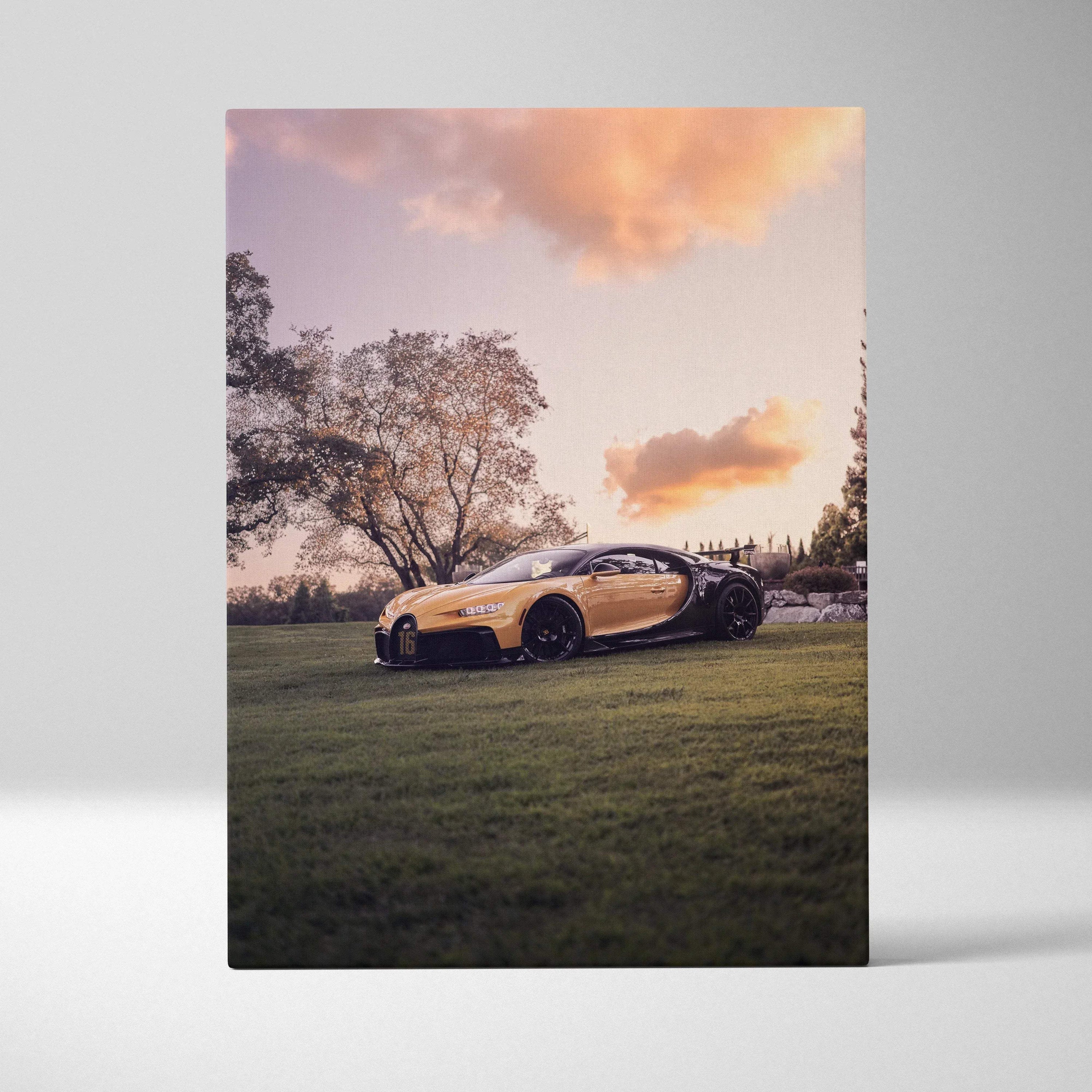 Bugatti Chiron car canvas art with sunset sky and grassy landscape wall art print.