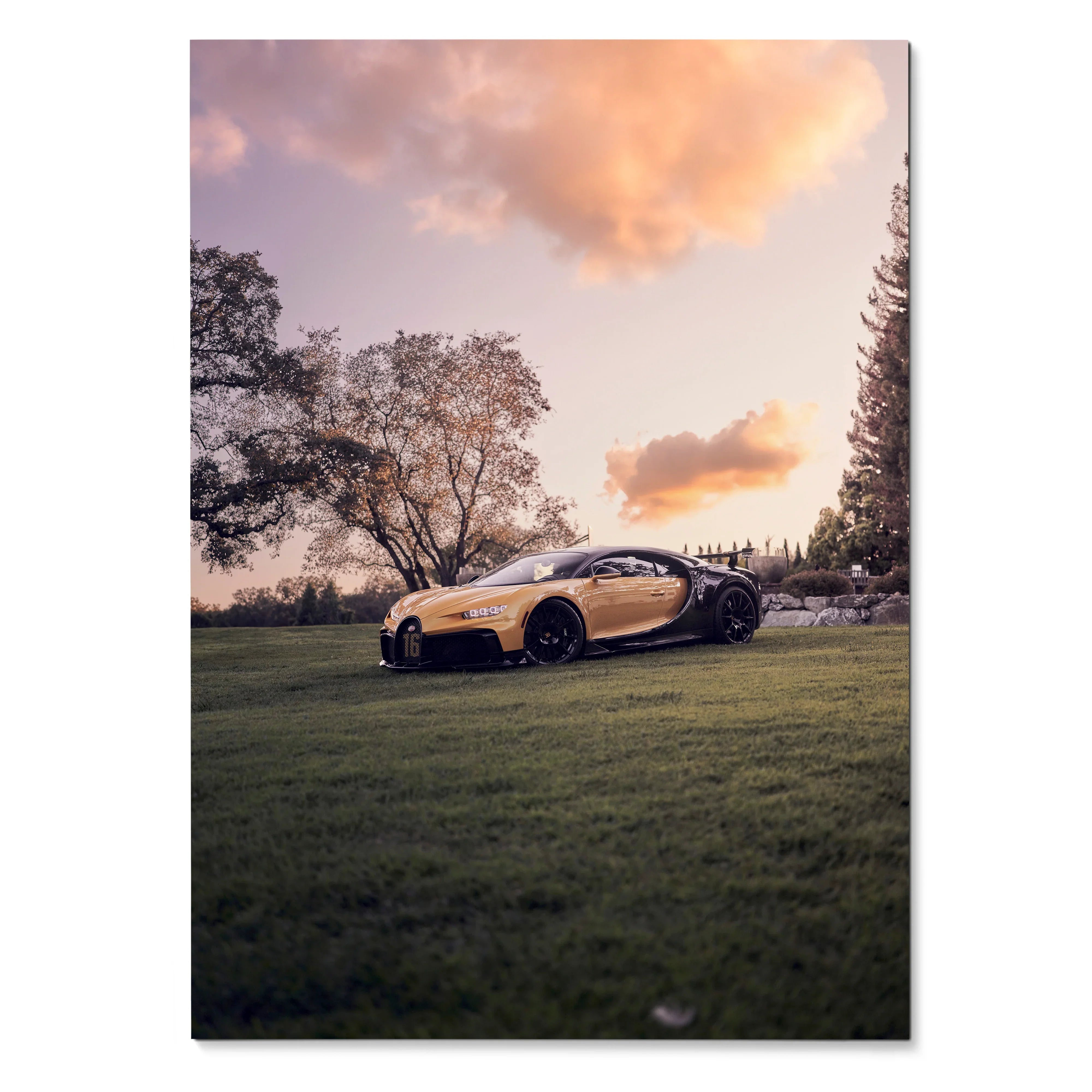 Bugatti Chiron Pur Sport hypercar parked on grass at sunset poster wall art.
