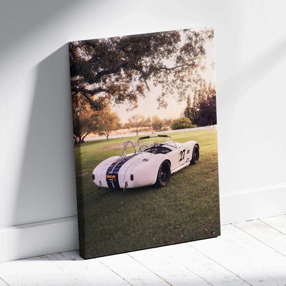 Shelby Cobra classic car on grass under tree vintage sunset canvas wall art.