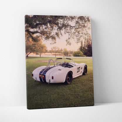Shelby Cobra classic car printed on vertical canvas art with outdoor park background wall art.