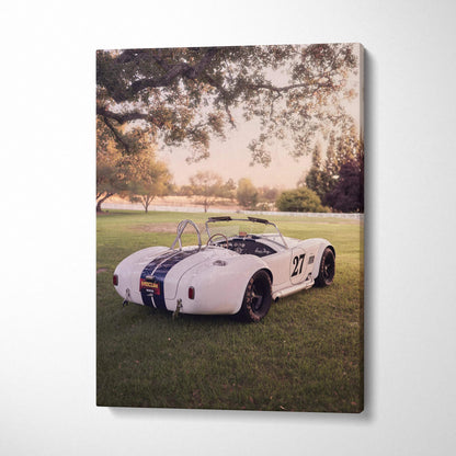 Shelby Cobra vintage race car on grass in outdoor setting vertical canvas wall art.