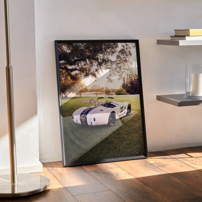 Shelby Cobra vintage car poster with racing stripes leaning against wall as stylish wall art.