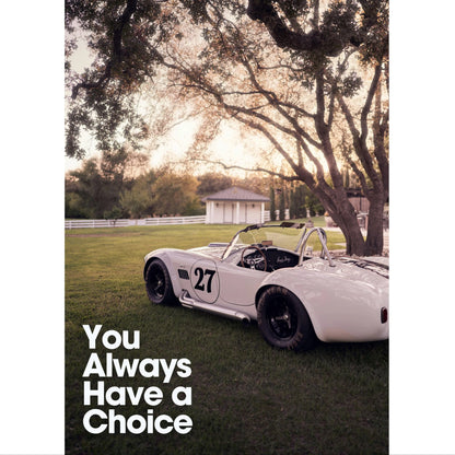 Motivational poster wall art featuring white Shelby Cobra with number 27 on grass under large tree.