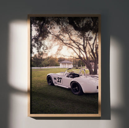Shelby Cobra #002 parked on grass under trees at sunset vintage automotive wall art poster.