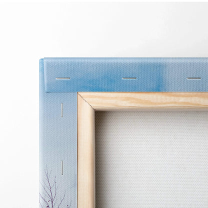 Close-up of blue stretched canvas corner with wooden frame and visible staple details on wall art canvas art.
