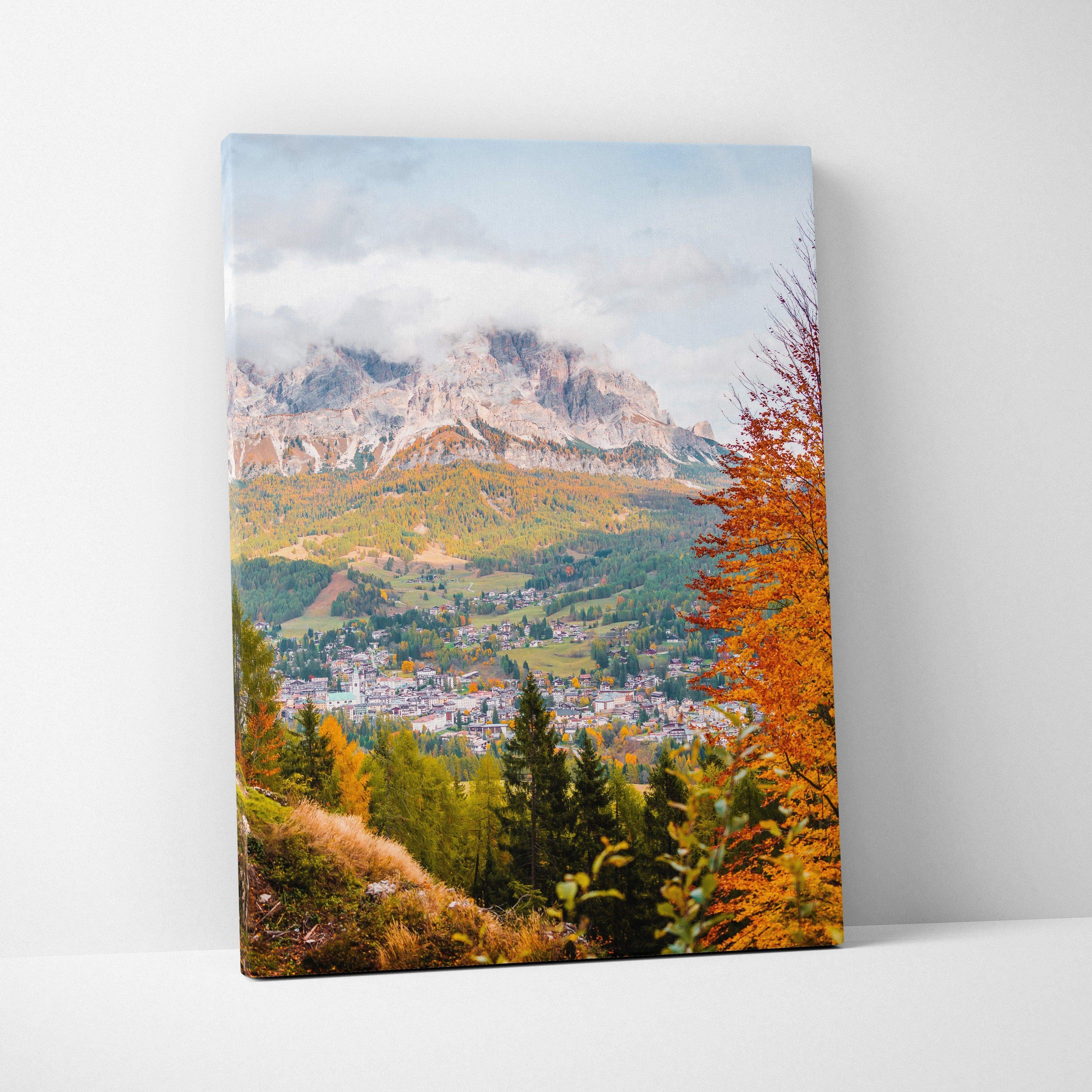 Vertical canvas art featuring vibrant autumn landscape with colorful trees and distant mountains under cloudy sky.