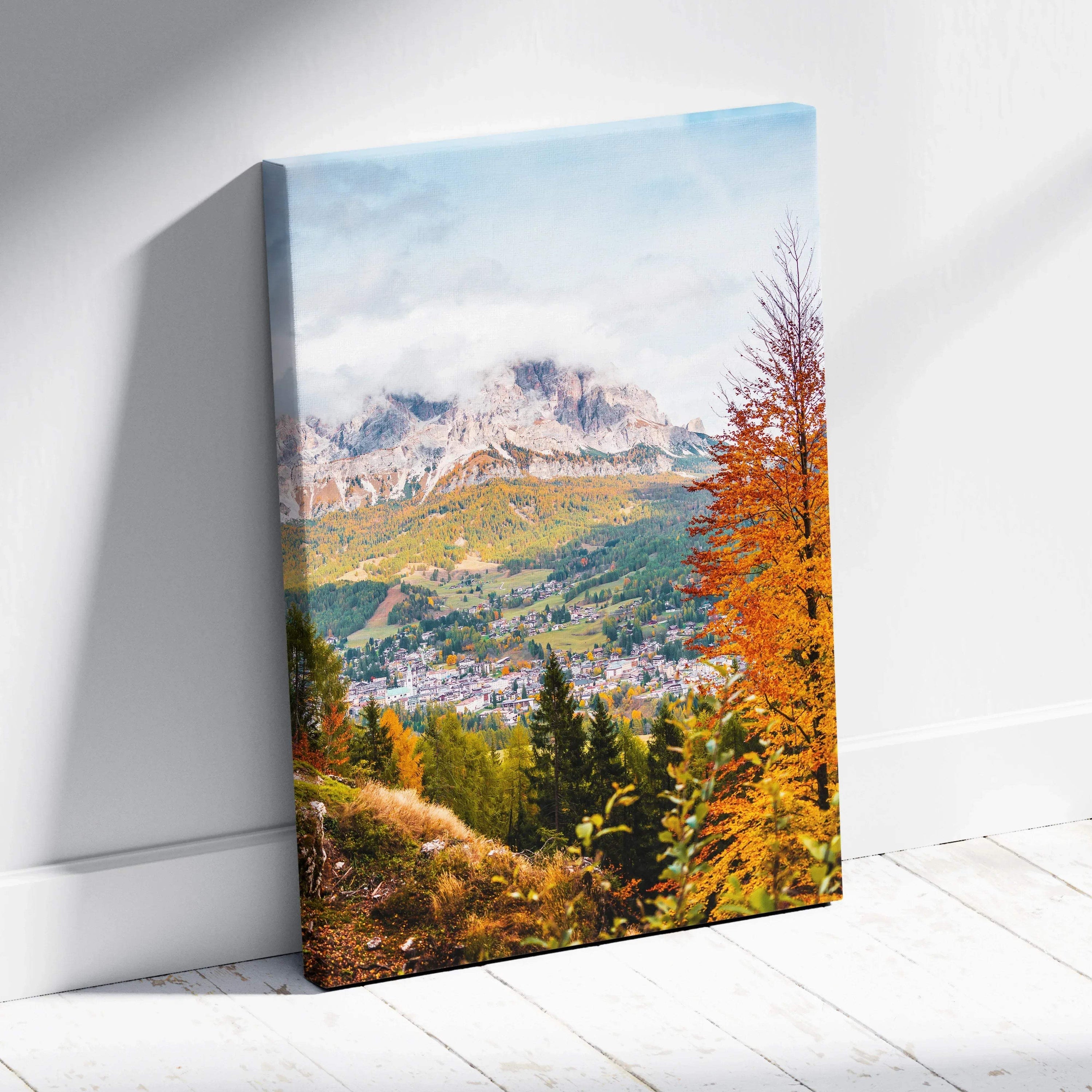 Autumn landscape canvas wall art with vibrant orange trees and distant mountains.