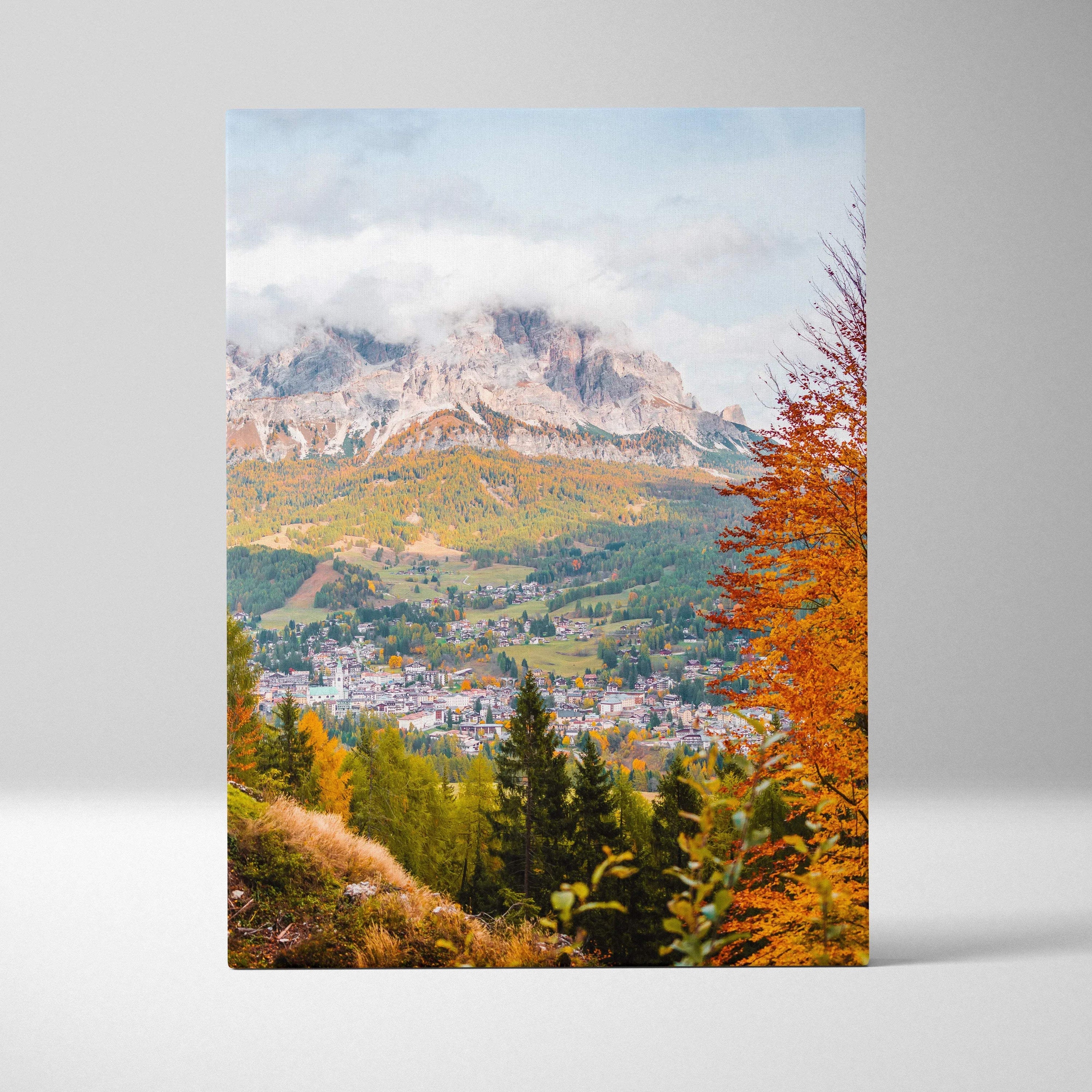 Vibrant autumn landscape canvas art with colorful trees and misty mountains wall art.