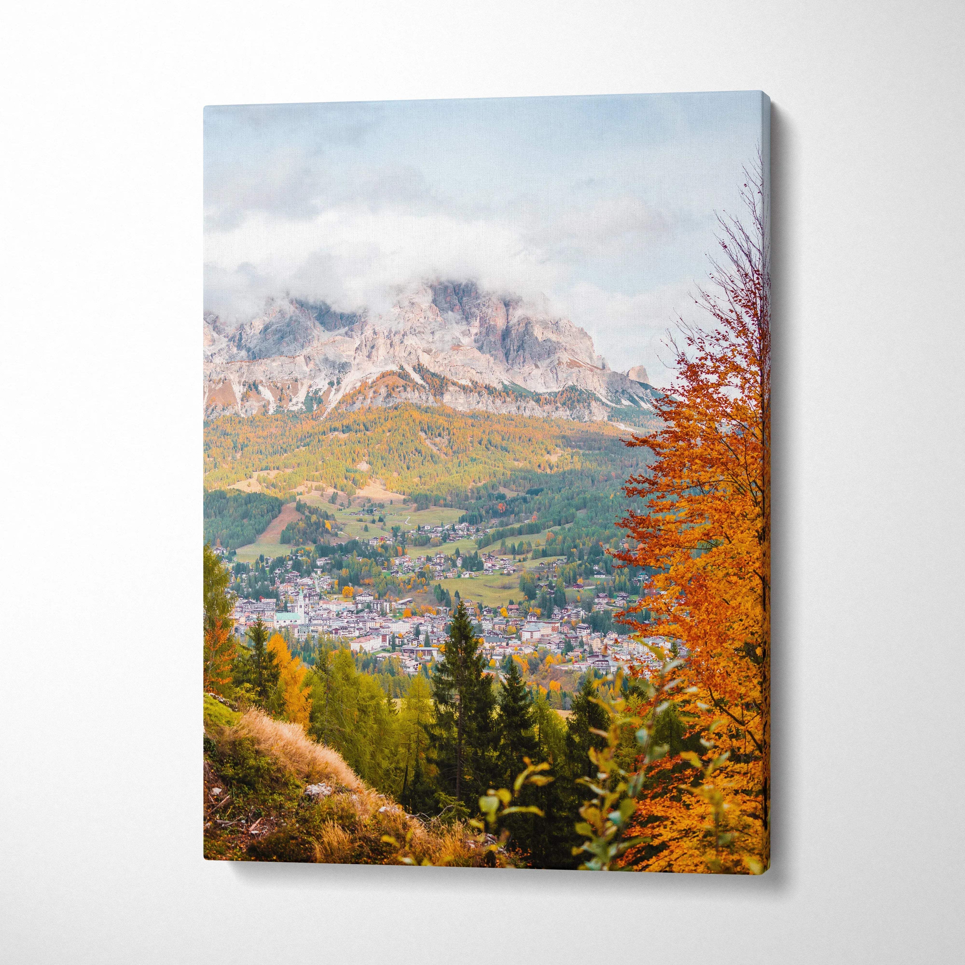 Vibrant autumn landscape canvas art featuring colorful trees and misty mountains wall art.