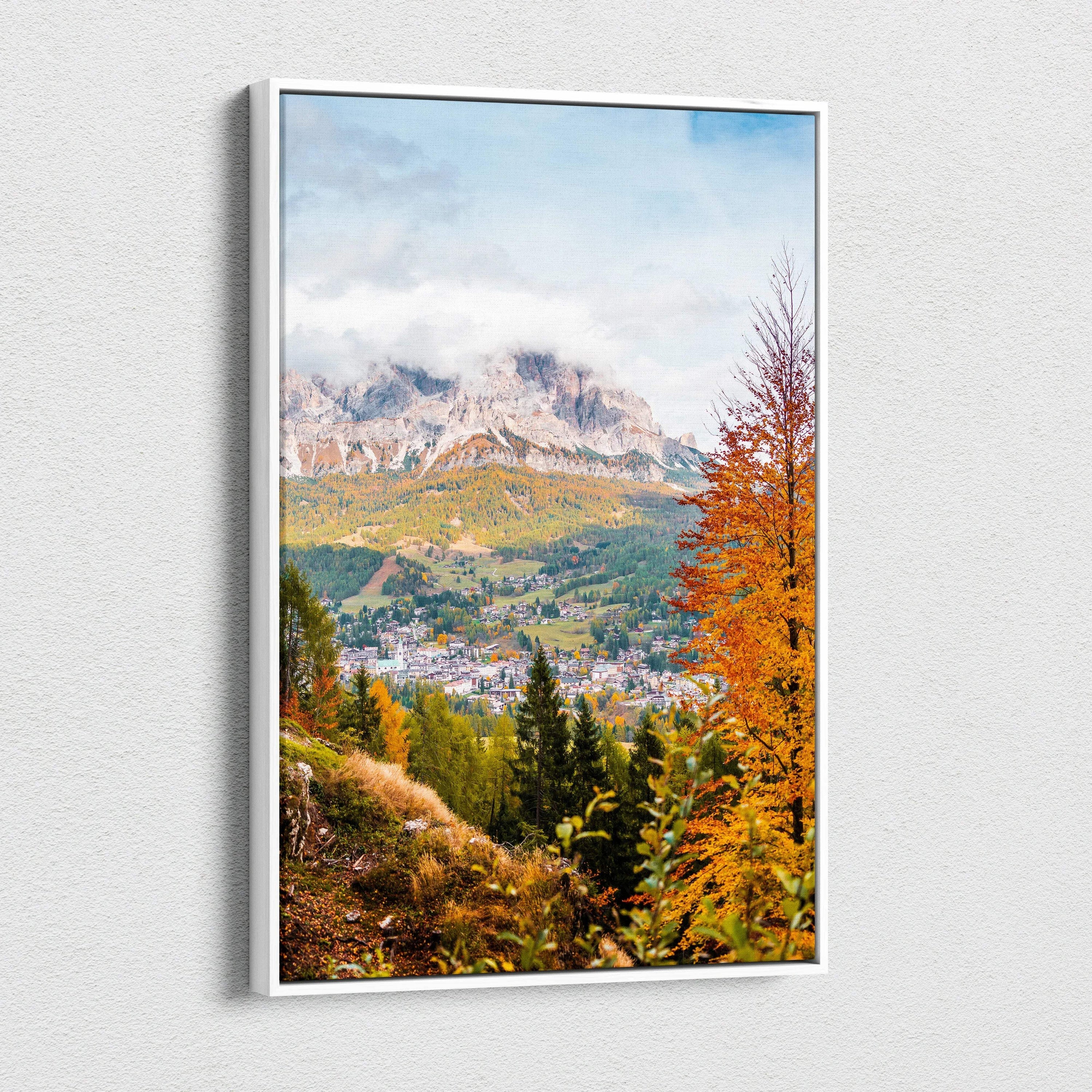 Vertical canvas art of vibrant autumn landscape with colorful trees and distant mountains.
