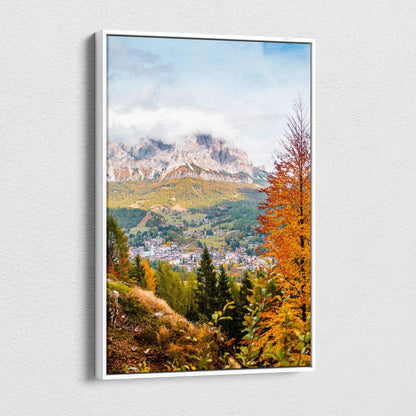 Vertical canvas art of vibrant autumn landscape with colorful trees and distant mountains.