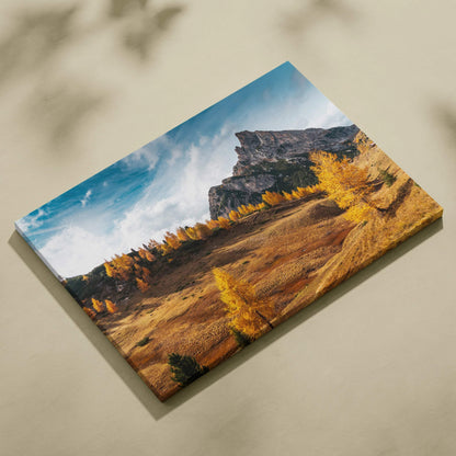 Autumn mountain landscape canvas art with vibrant fall foliage and blue sky wall art.