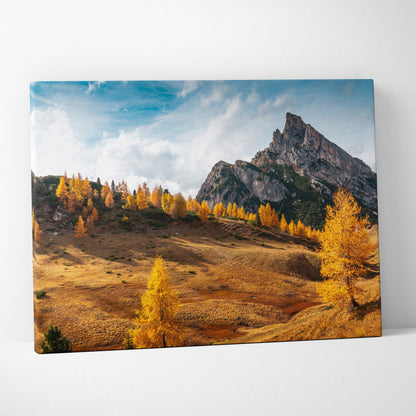Canvas wall art of vibrant autumn mountain scene with golden foliage and majestic peaks.