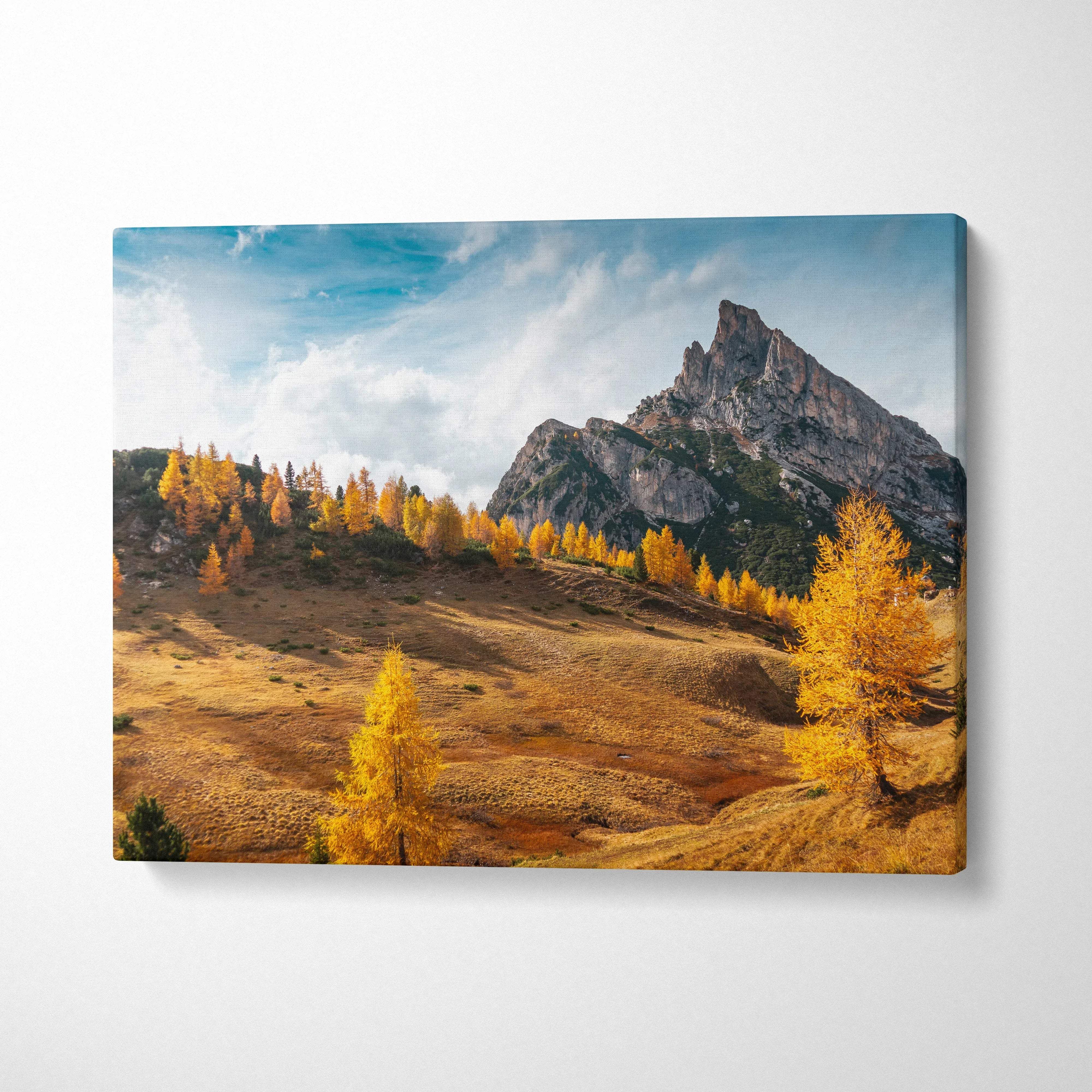 Autumn mountain landscape canvas art with vibrant fall foliage and jagged peaks on wall art canvas.
