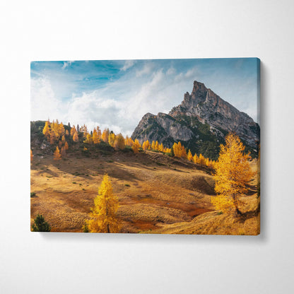 Autumn mountain landscape canvas art with vibrant fall foliage and jagged peaks on wall art canvas.