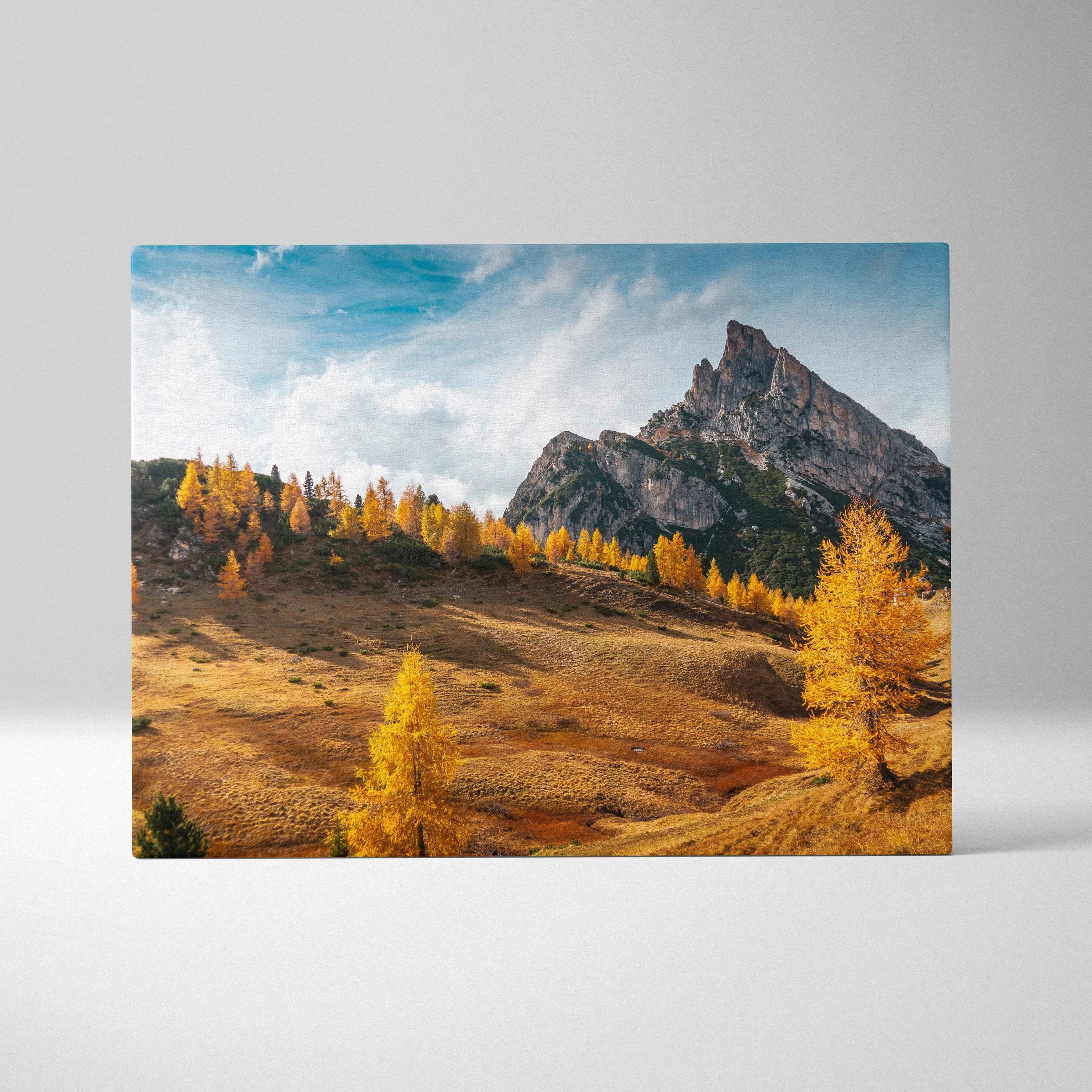 Autumn mountain landscape canvas art with vibrant fall foliage and dramatic peaks.