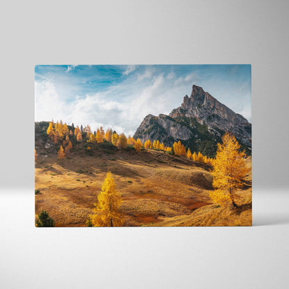 Autumn mountain landscape canvas art with vibrant fall foliage and dramatic peaks.