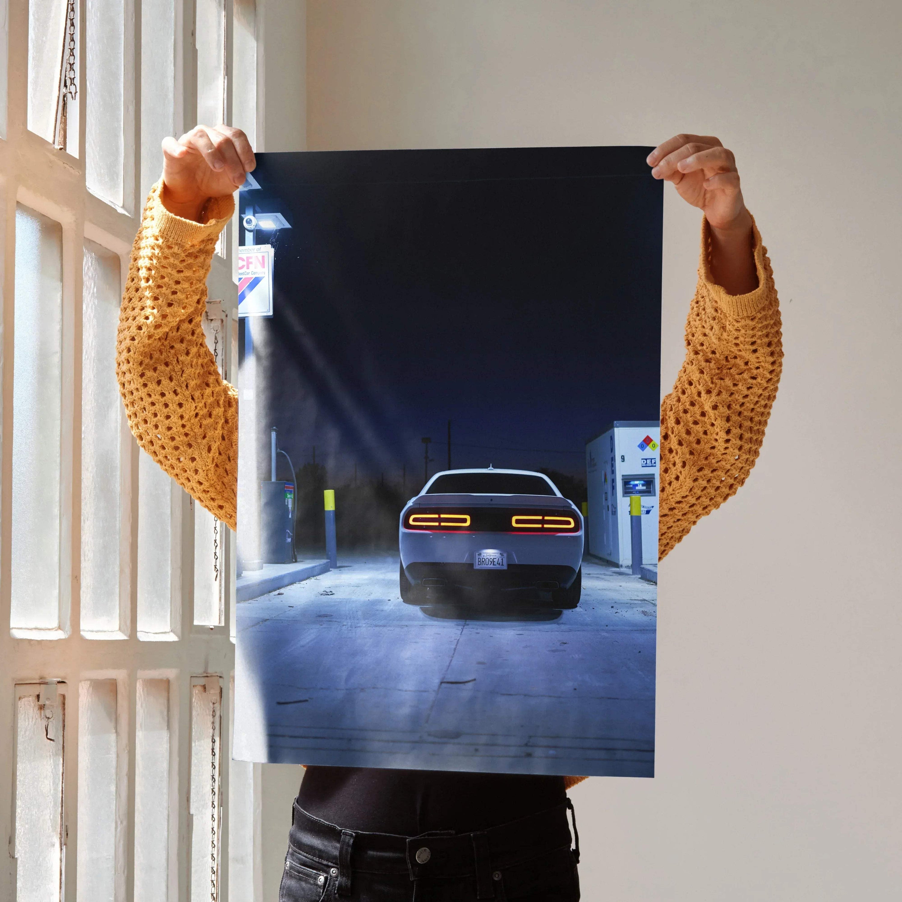 Dodge Challenger rear view poster with dark urban night scene wall art.