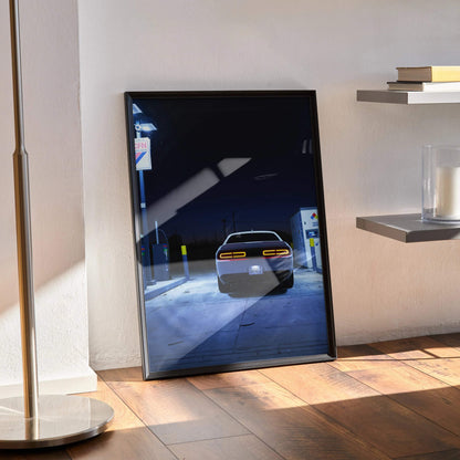 Dodge Challenger rear view poster wall art with dark moody lighting and sleek design in modern black frame.