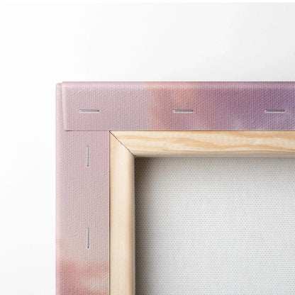 Close-up of wooden frame and staples on Dodge Challenger Hellcat sunset canvas wall art.