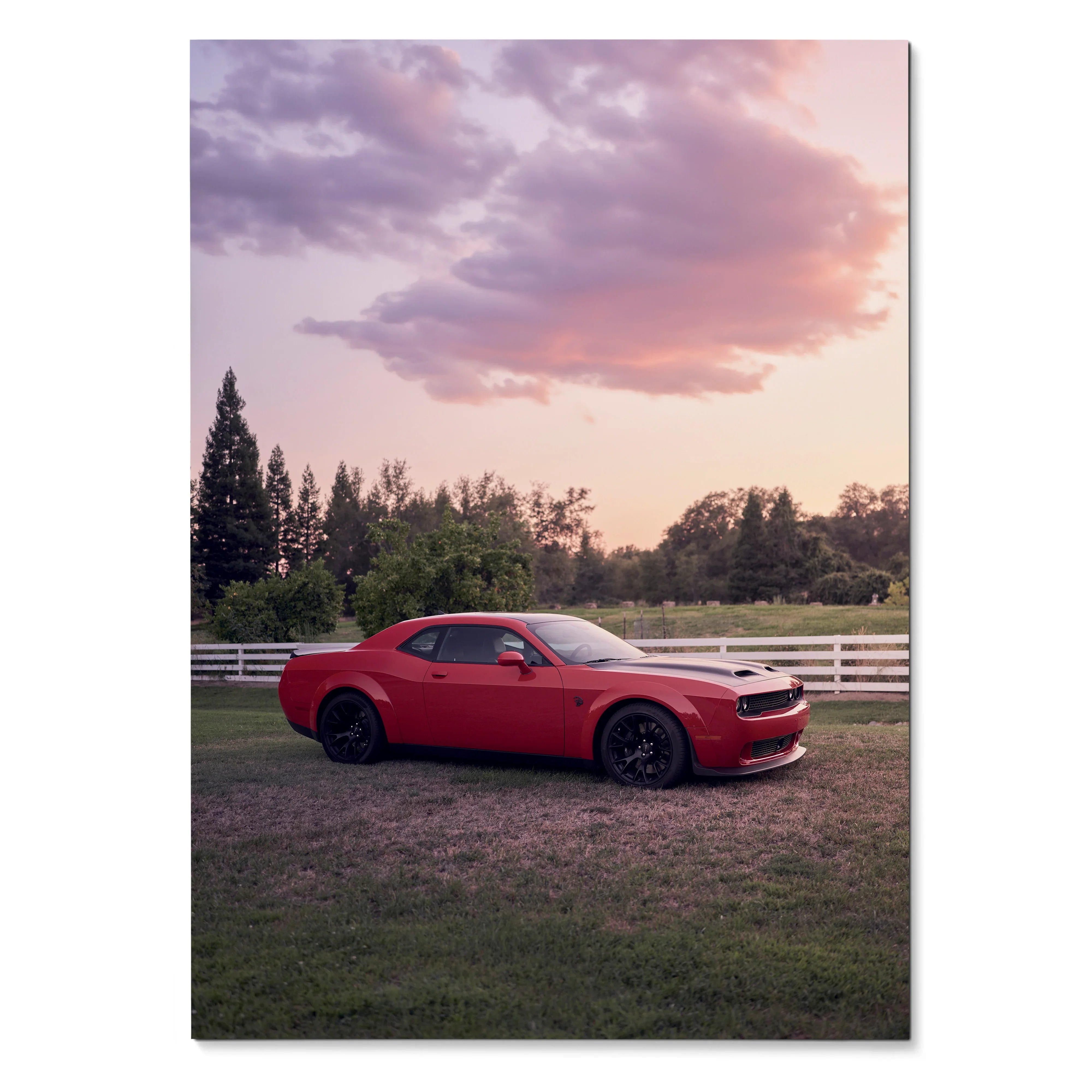 Red Dodge Challenger Hellcat parked on grass with sunset sky, premium automotive poster wall art.