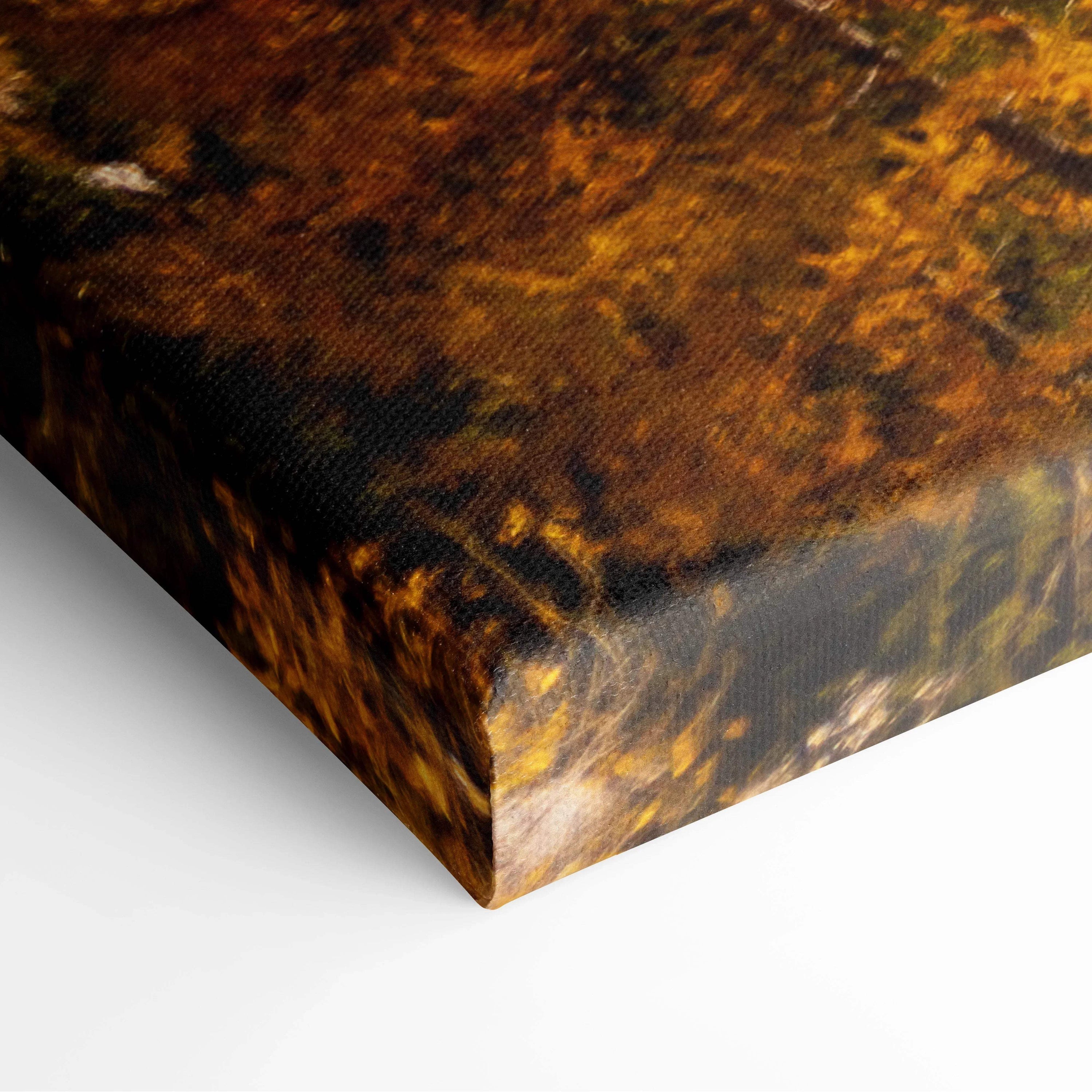 Autumn mountain landscape canvas art with vibrant orange and yellow foliage, textured wall art edge close-up.