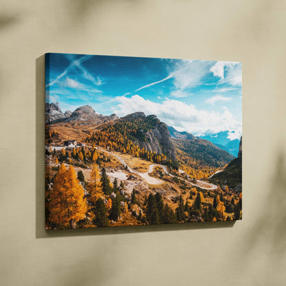 Autumn mountain landscape canvas art with vibrant orange foliage and clear blue sky wall art.