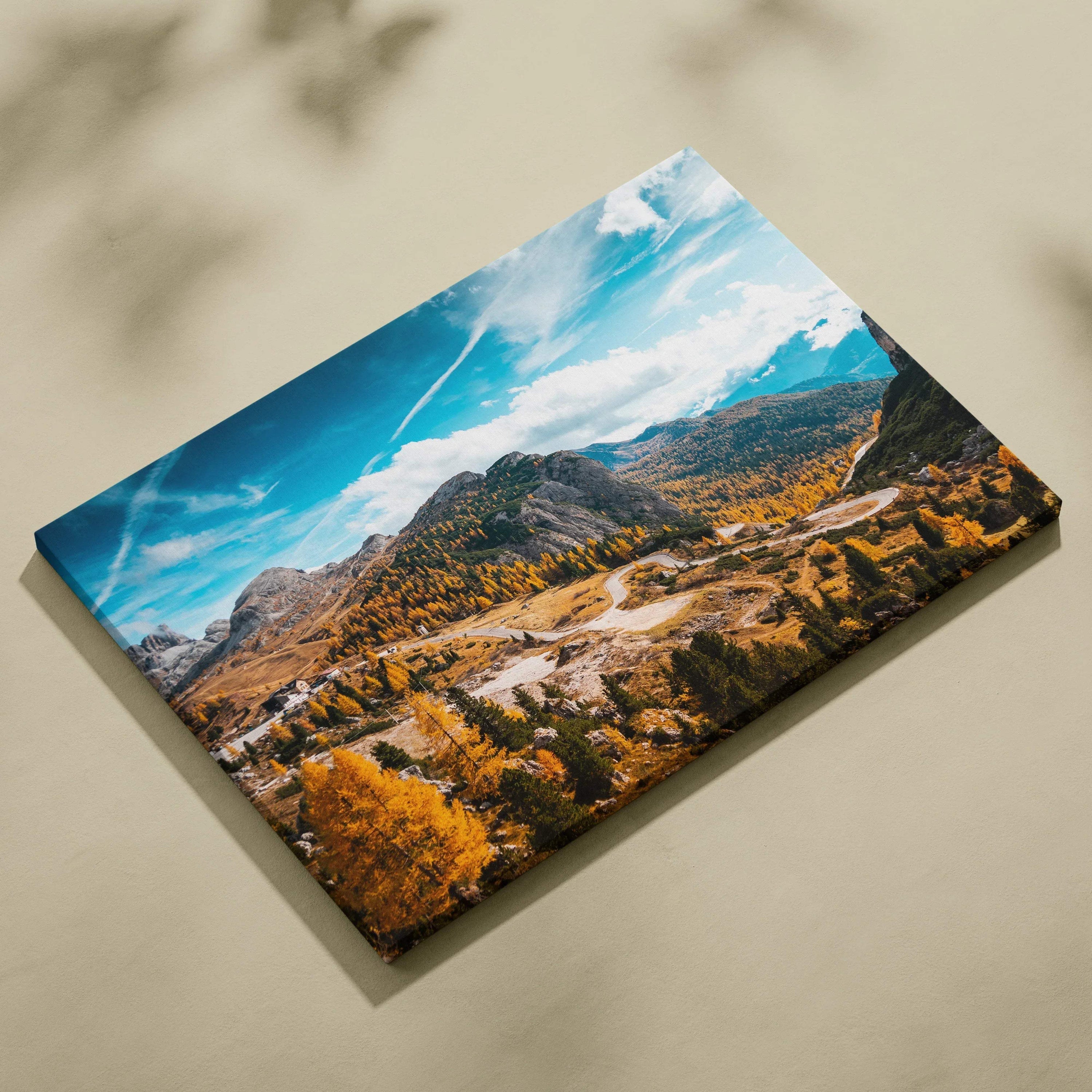 Autumn mountain landscape canvas art with vibrant foliage and blue sky wall art.