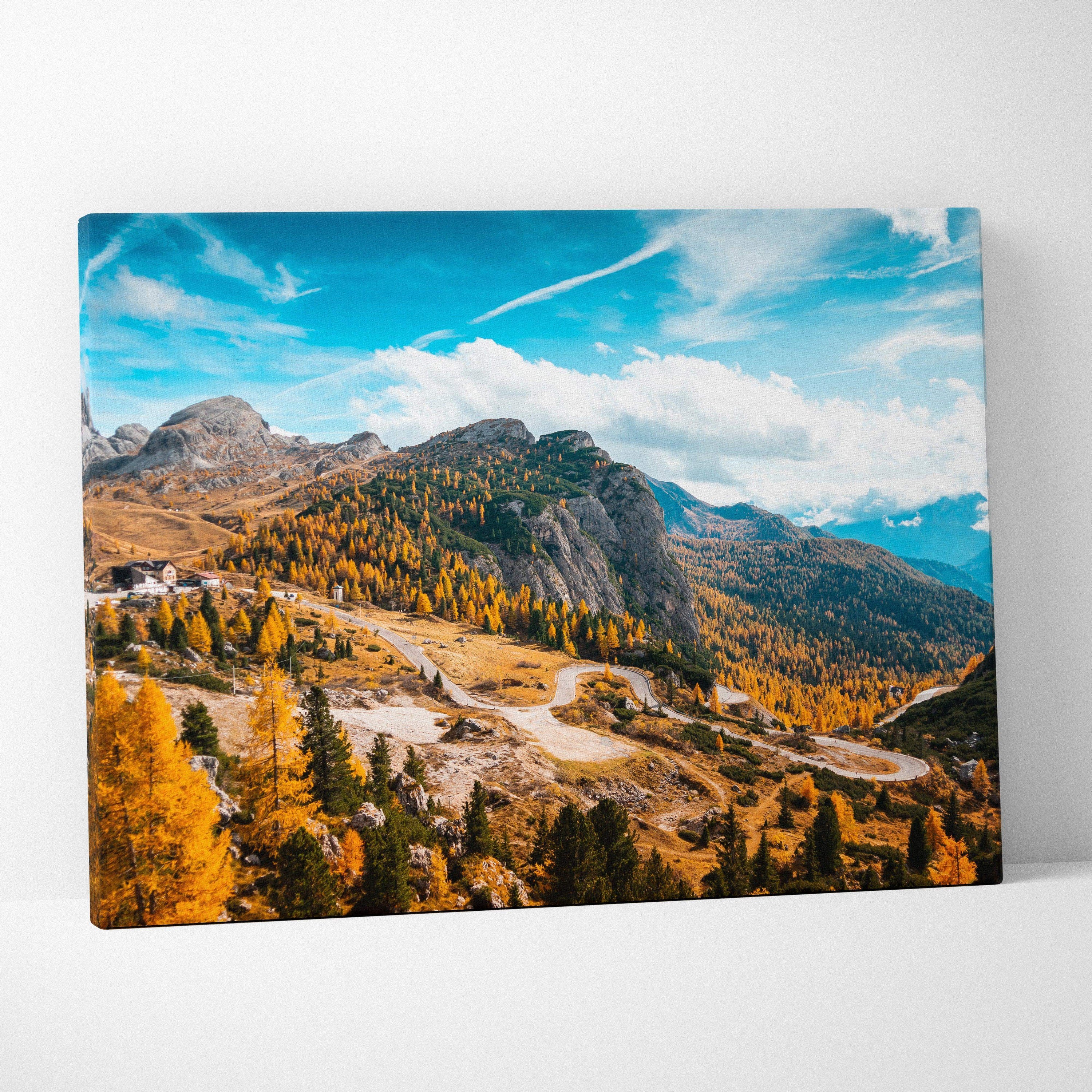 Autumn mountain landscape canvas art with vibrant orange foliage and blue sky wall art.