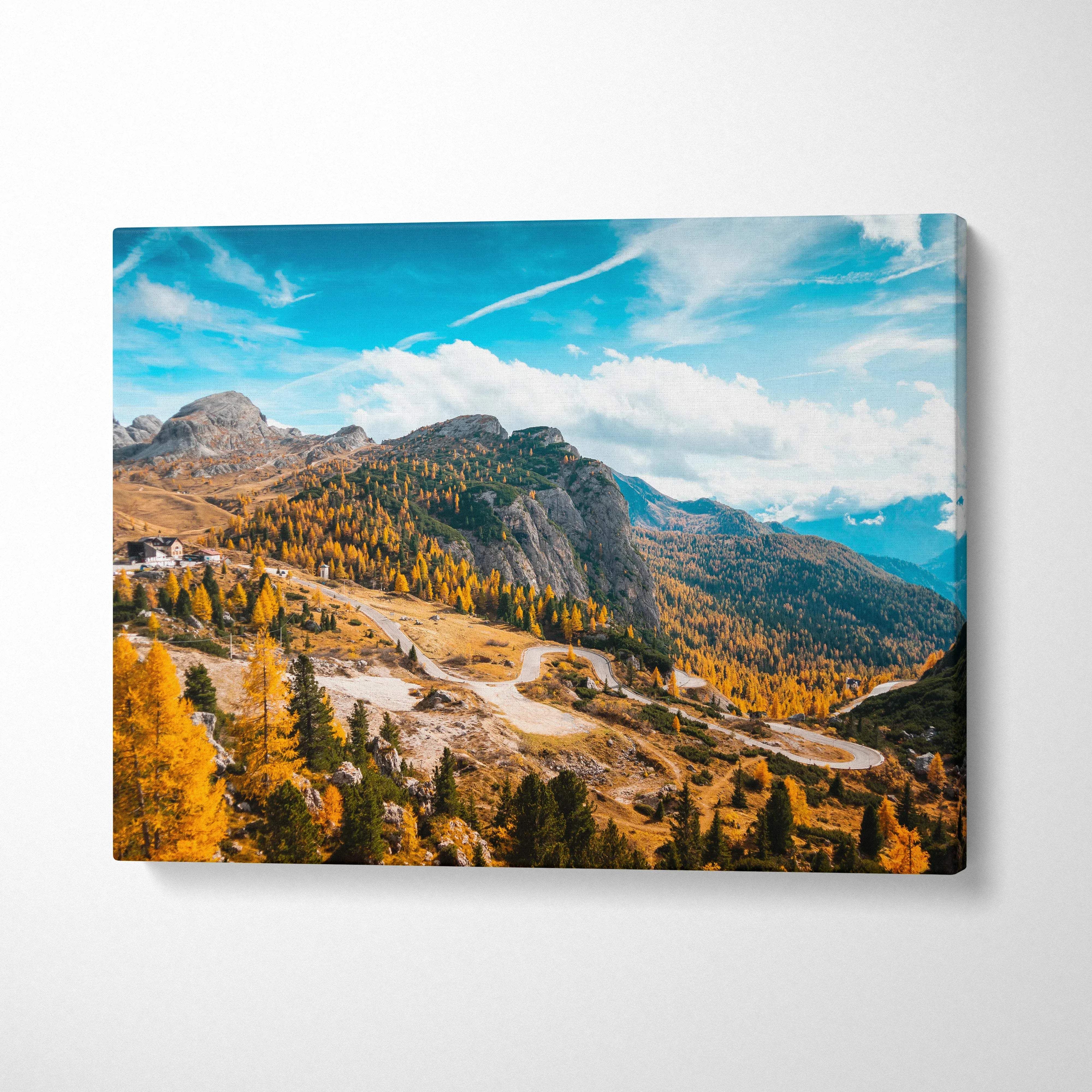 Autumn mountain landscape with vibrant golden foliage on canvas wall art.