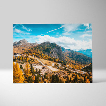 Autumn mountain landscape canvas art with vibrant orange foliage and blue sky wall art.