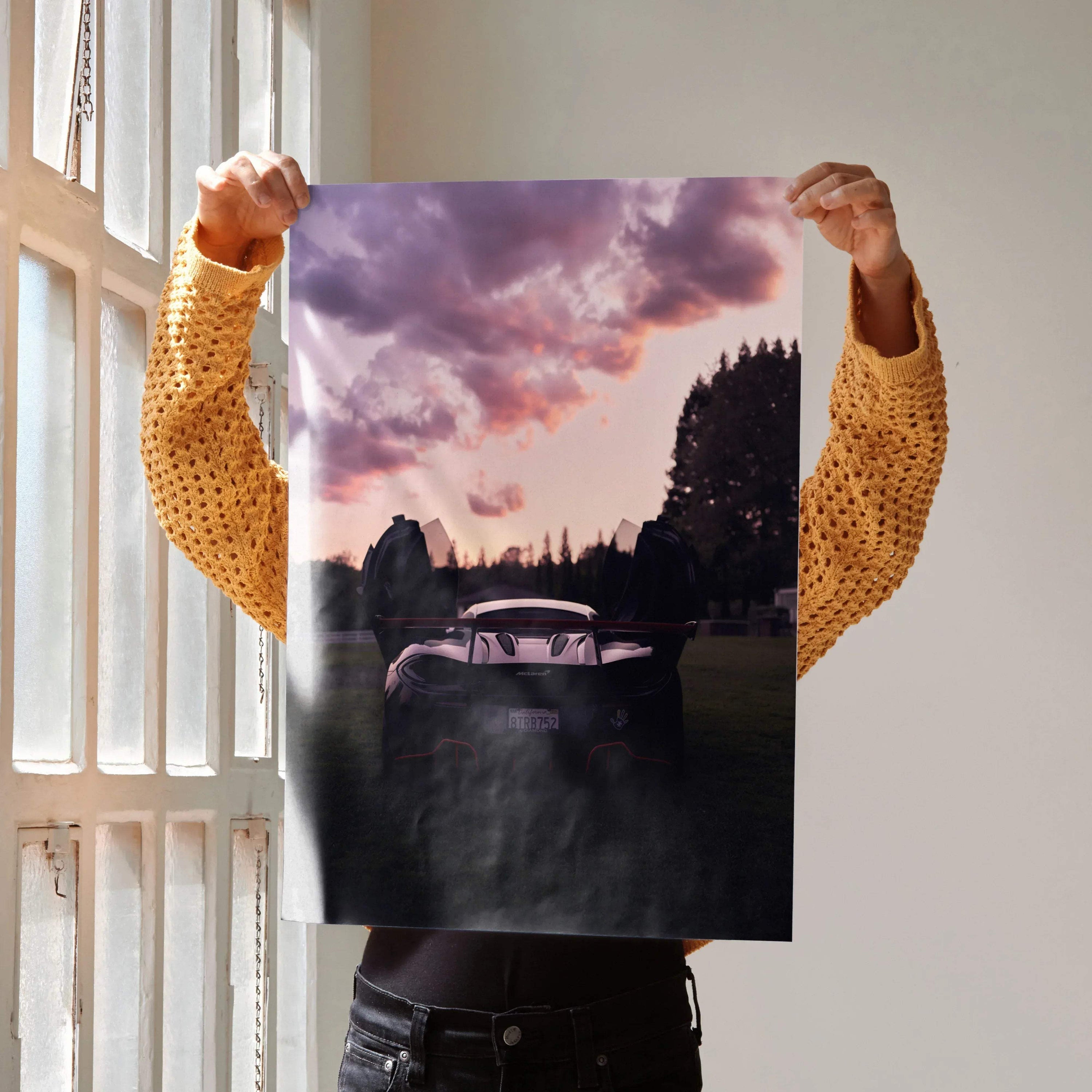 McLaren 570s luxury car poster with purple sky and silhouette background wall art.