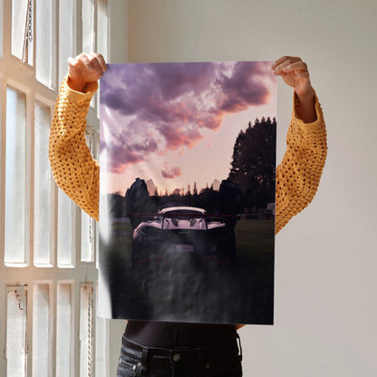 McLaren 570s luxury car poster with purple sky and silhouette background wall art.