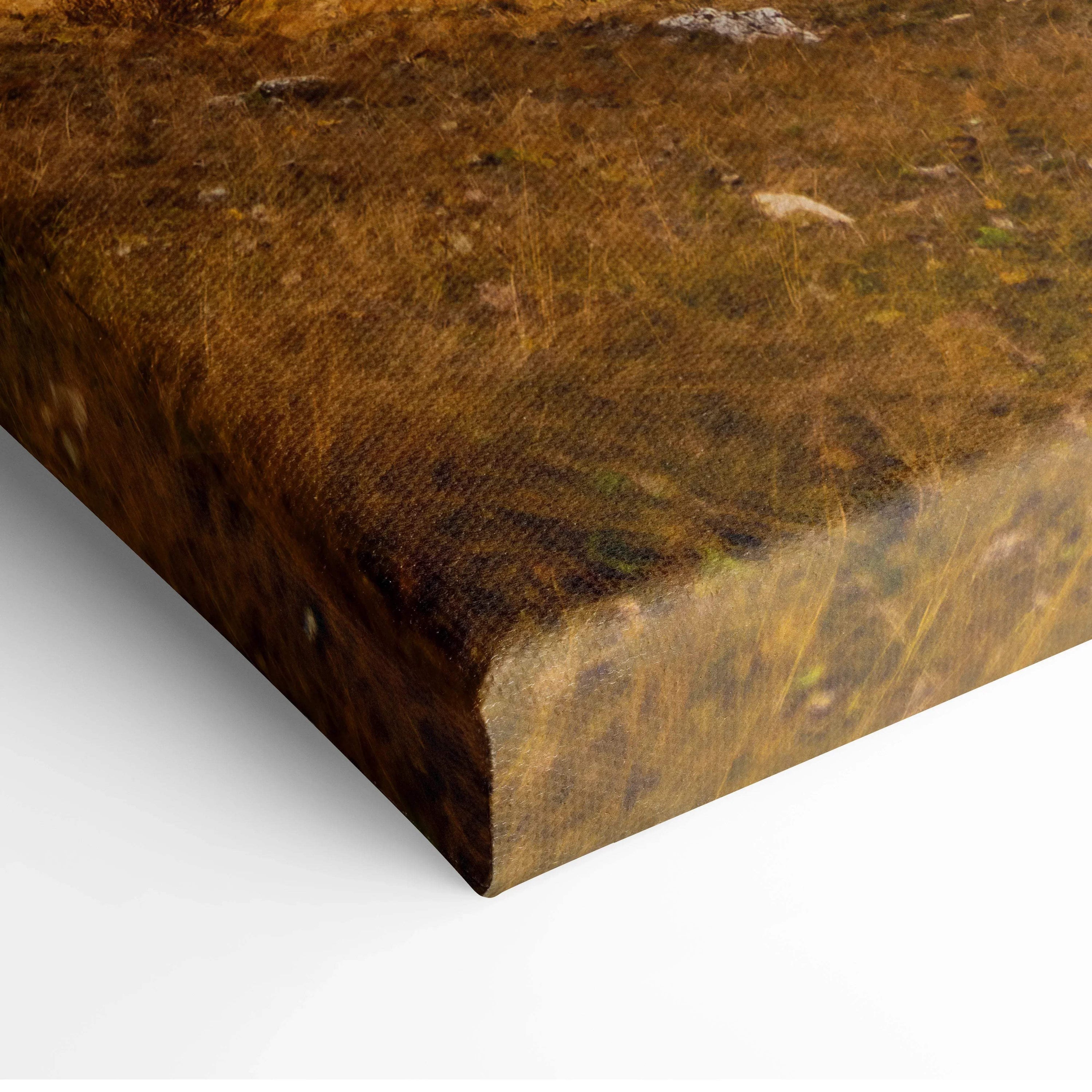 Close-up of autumn mountain landscape canvas art with rich brown and golden tones, textured wall art print.