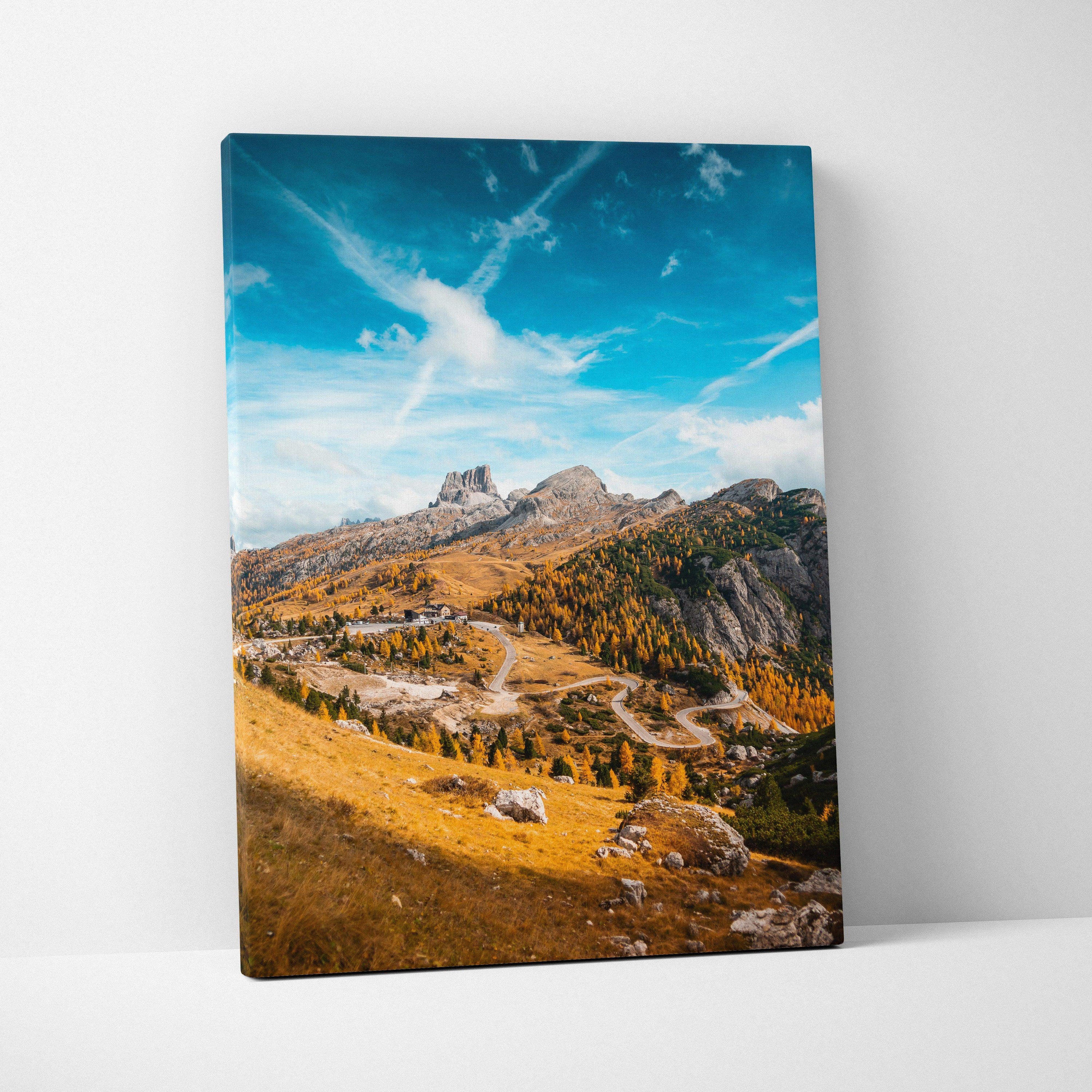 Autumn mountain landscape canvas art with golden trees and bright blue sky wall art.