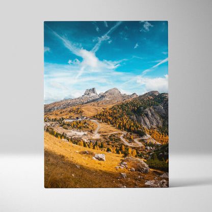 Autumn mountain landscape canvas art with vibrant golden trees and bright blue sky wall art.
