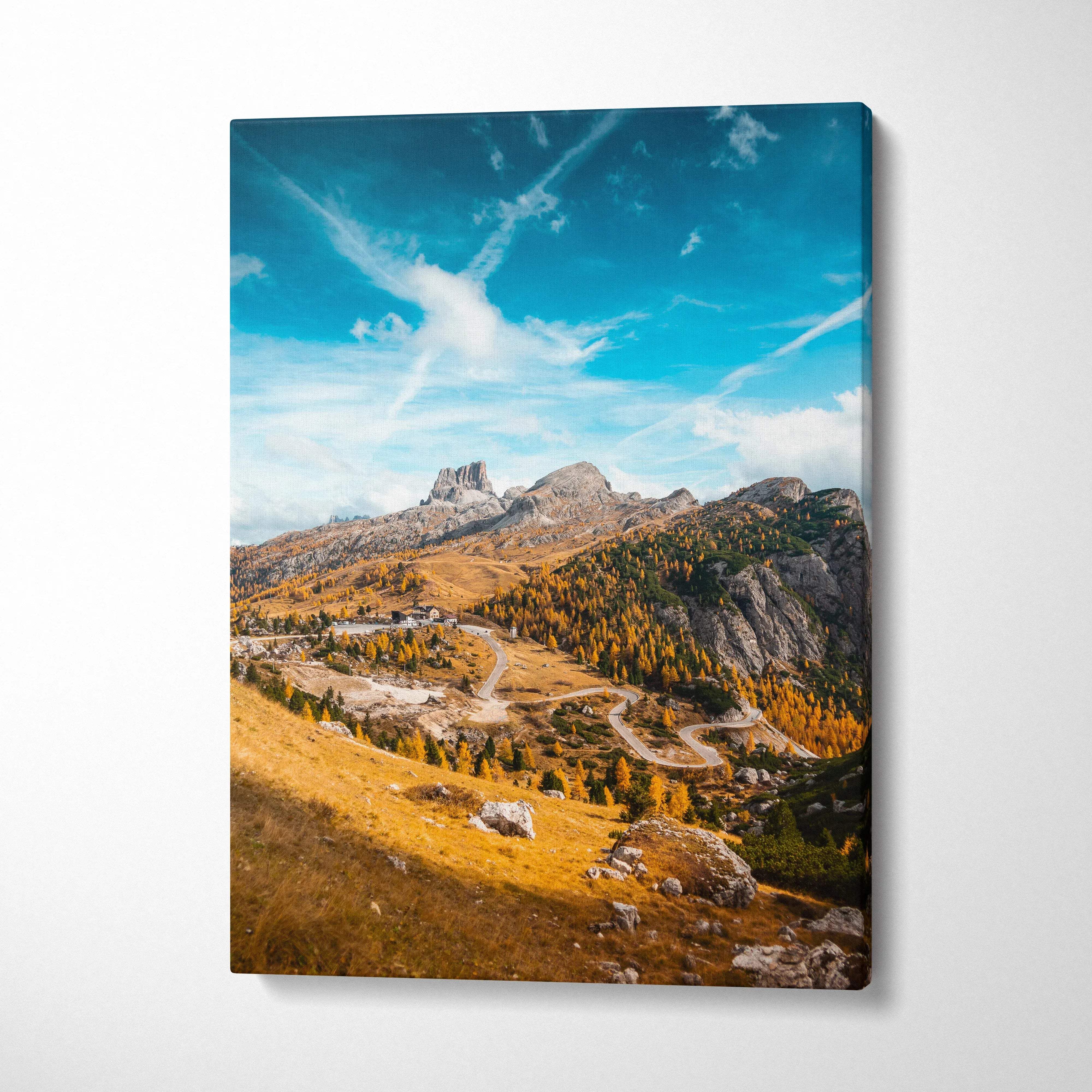 Autumn mountain landscape canvas art with vibrant fall foliage and blue sky wall art.