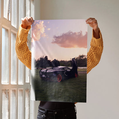 McLaren 570s supercar poster with open doors against sunset sky wall art.