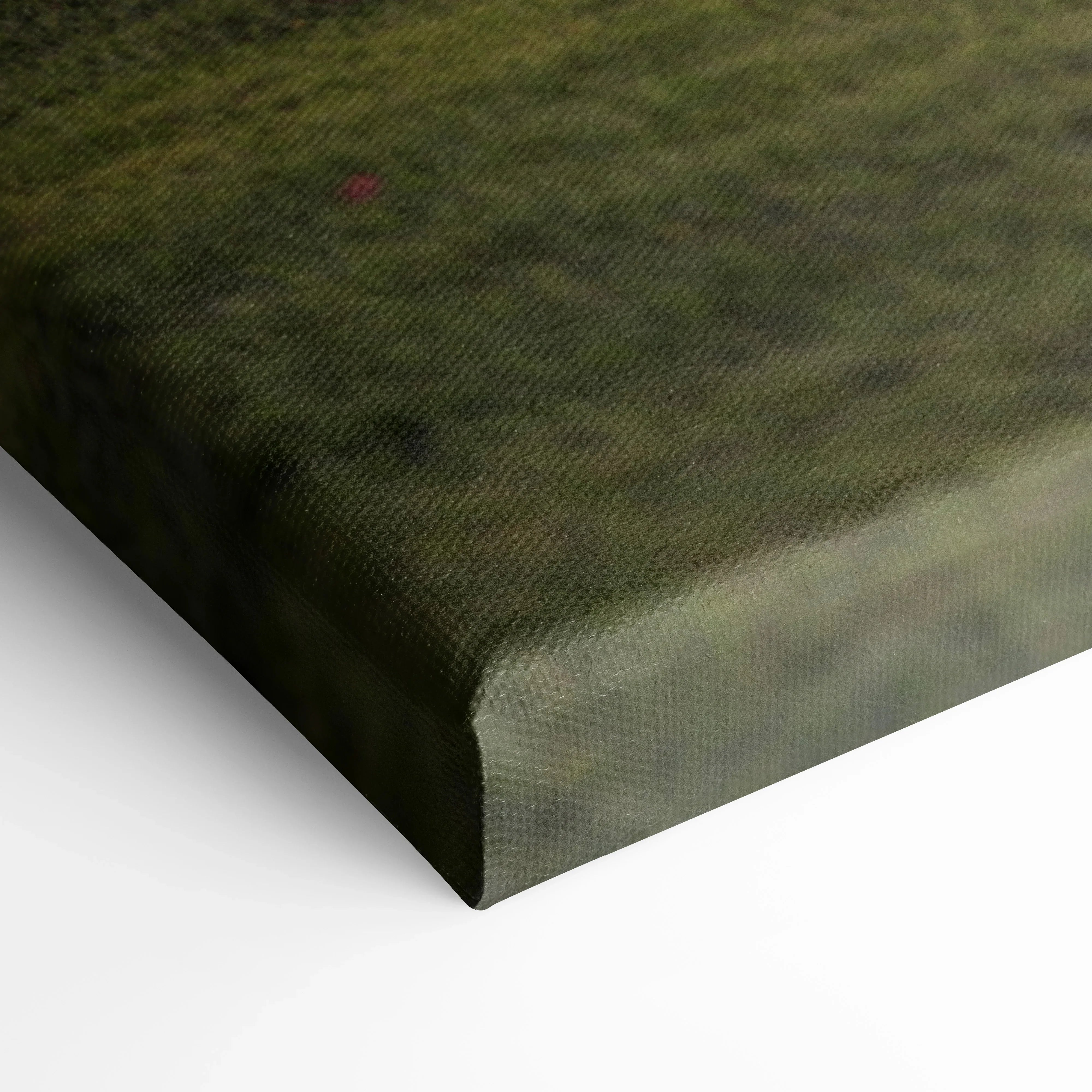 Close-up of textured canvas wall art edge with muted green and brown tones, museum-quality print.