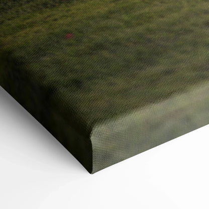 Close-up of textured canvas wall art edge with muted green and brown tones, museum-quality print.