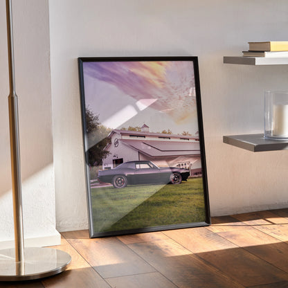 1969 Camaro classic car poster with sunset sky reflected in glossy black frame wall art.
