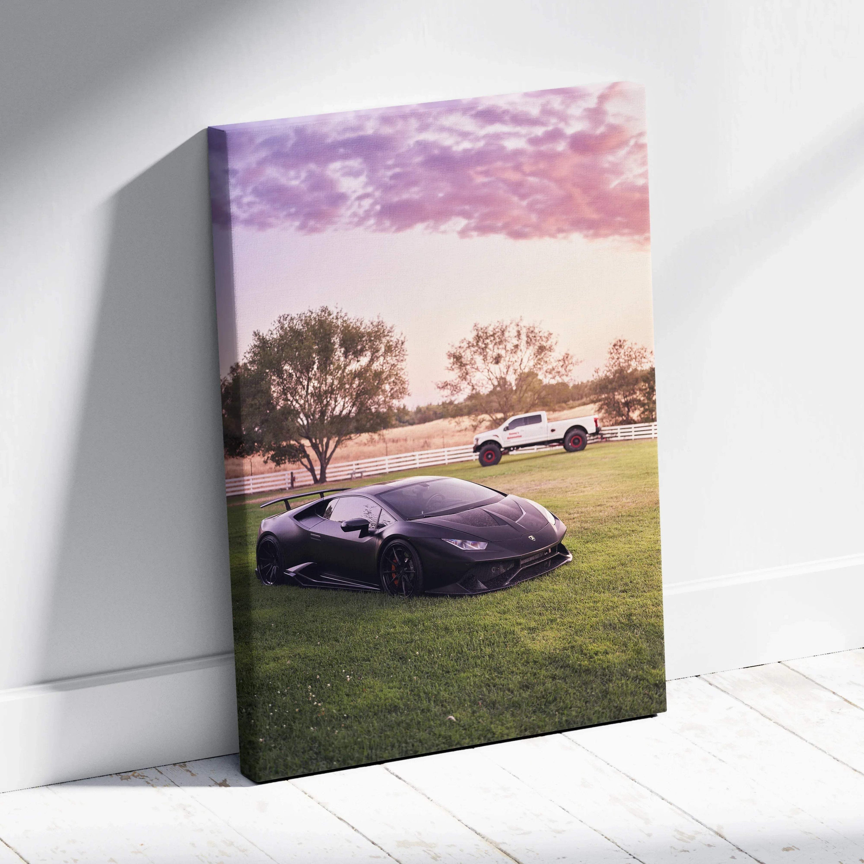 Lamborghini Huracan canvas art with sunset sky and grassy field wall art print.
