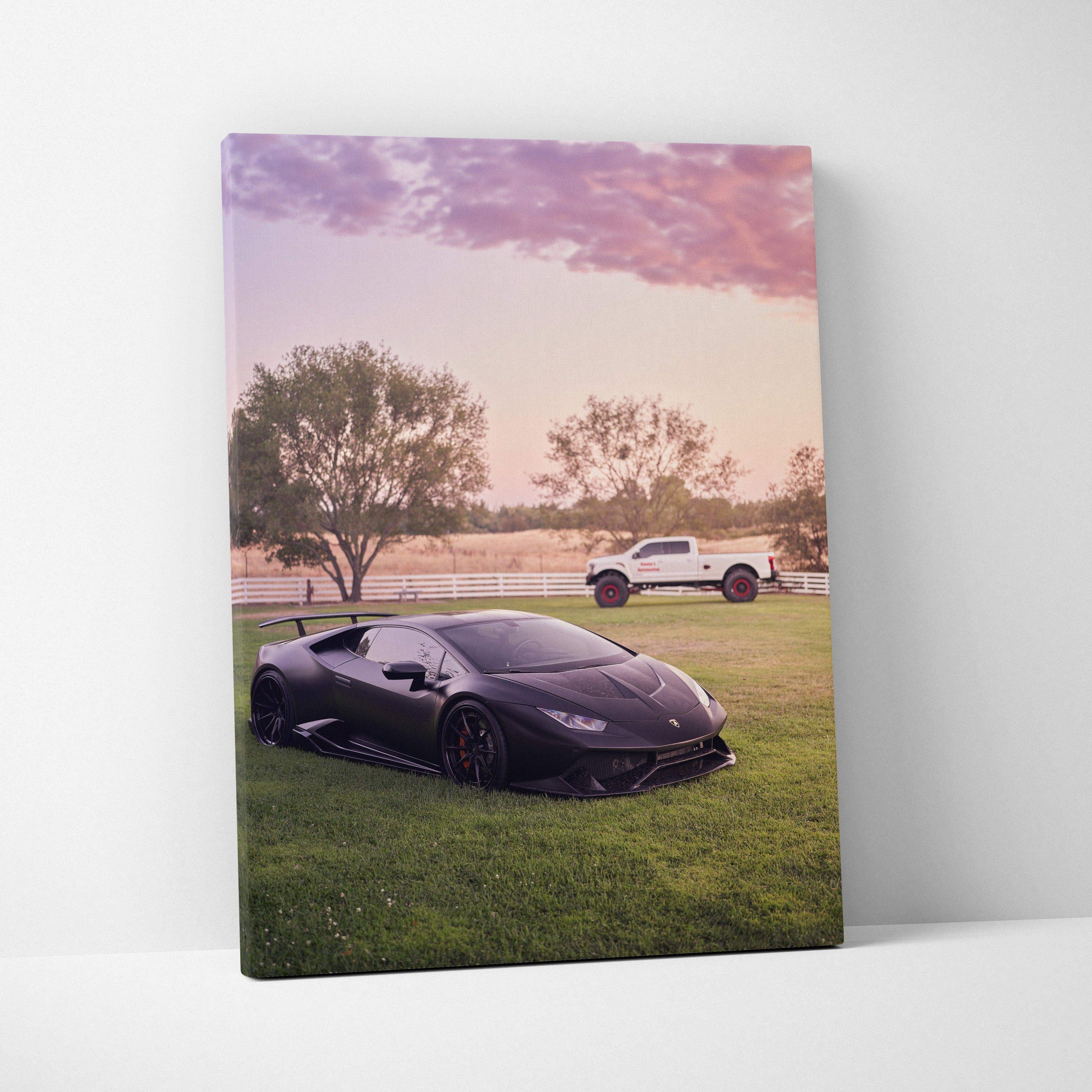 Lamborghini Huracan on grass at sunset vibrant canvas art wall decor.