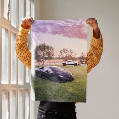 Lamborghini Huracan poster with sunset and trees, luxury automotive wall art.