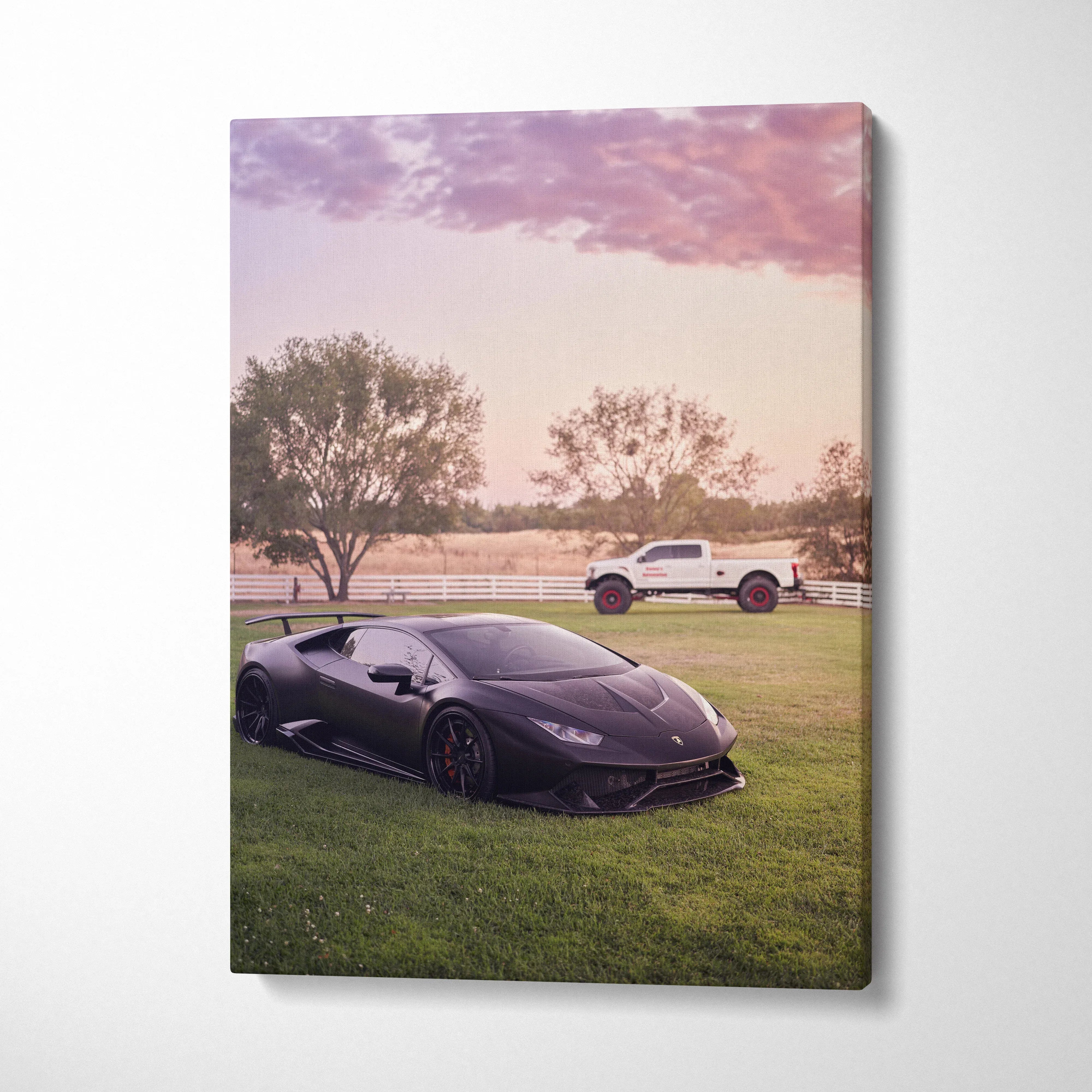 Lamborghini Huracan on grass at sunset canvas art with soft sky and trees wall art.