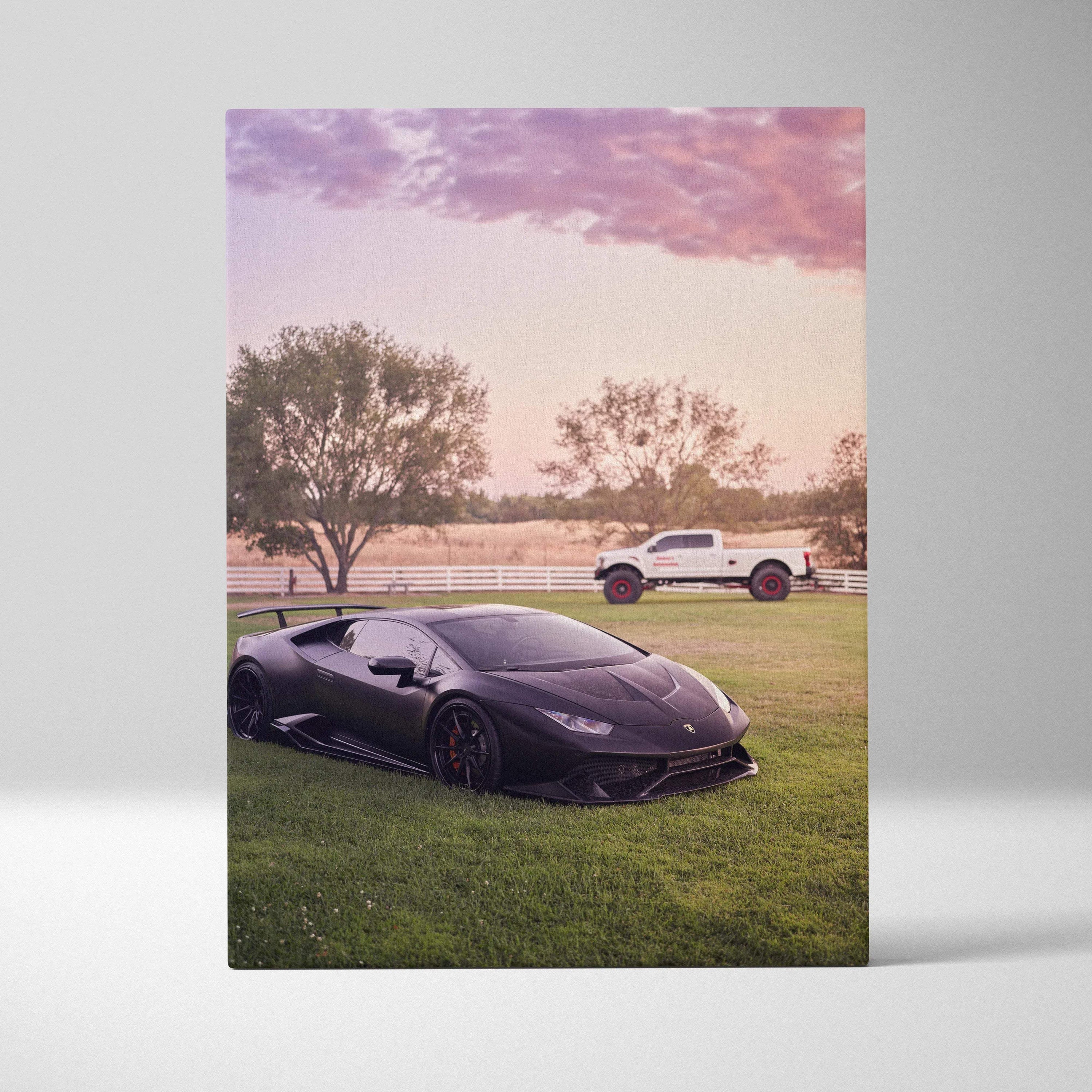 Lamborghini Huracan parked on grass at sunset with trees in background canvas wall art.