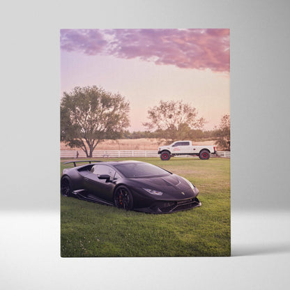 Lamborghini Huracan parked on grass at sunset with trees in background canvas wall art.